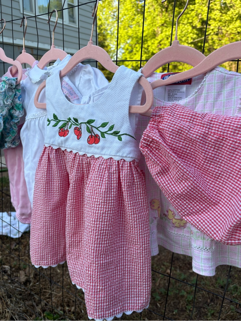 Adorable Cherry Embroidered Pink Seersucker Baby Dress